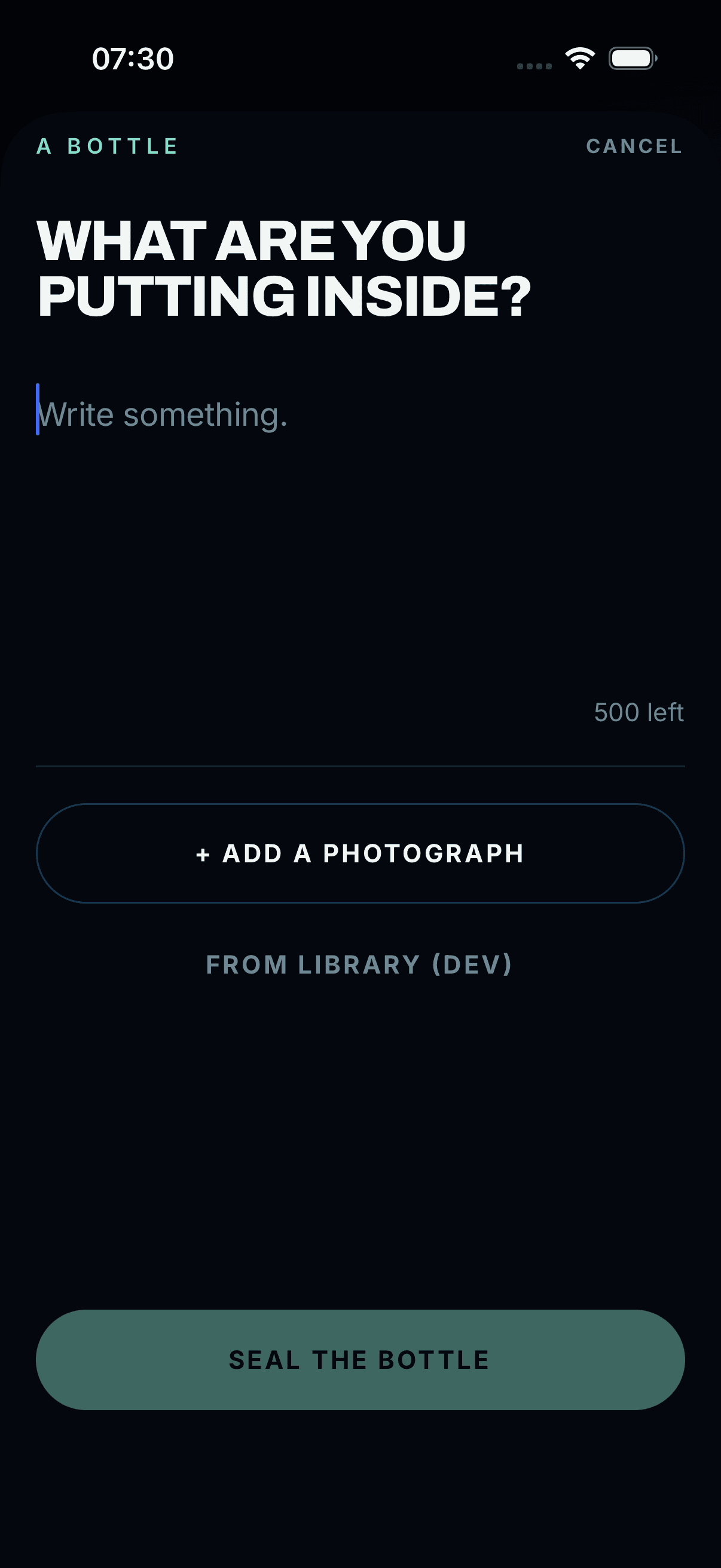 An empty compose screen headed “What are you putting inside?” with a character count.