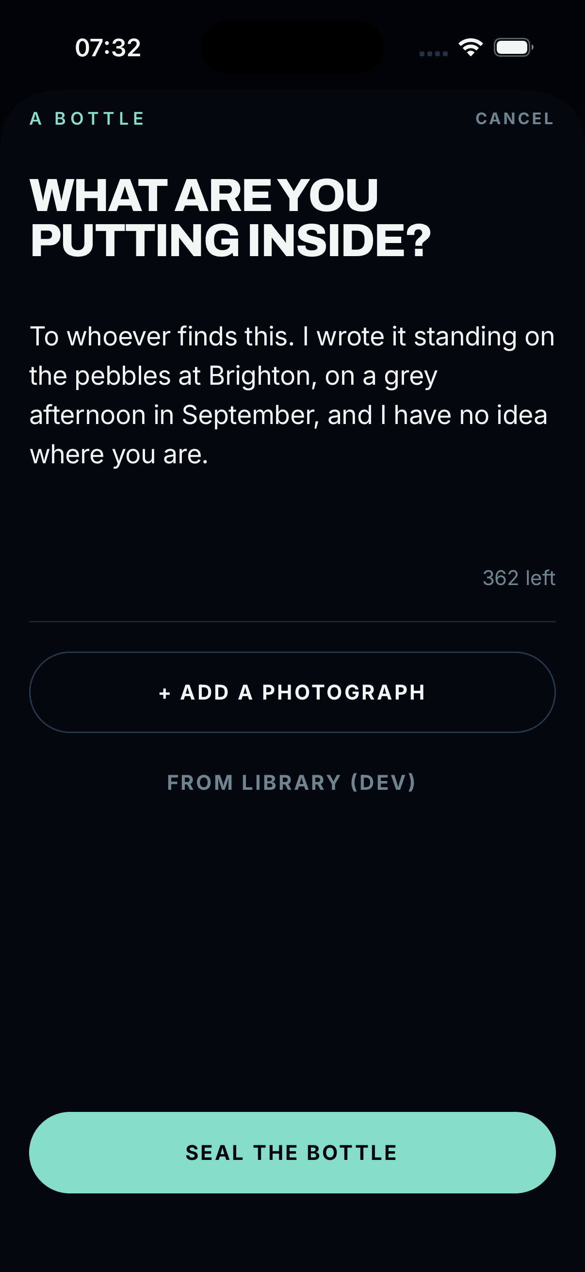 The Adrift compose screen: a note written to whoever finds the bottle, with 362 characters left, an option to add a photograph, and a Seal the bottle button.