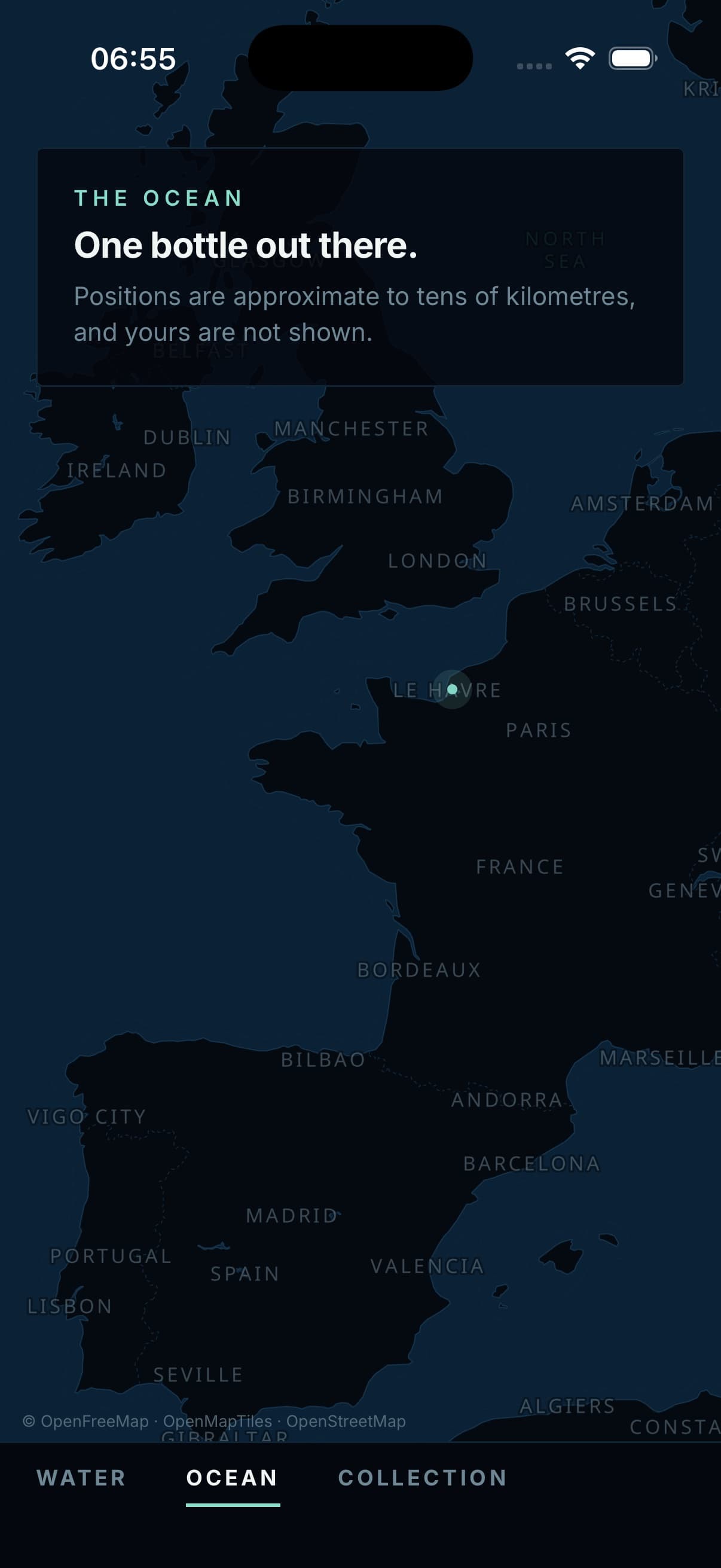 A world map of anonymous bottle positions coarsened to a 28 kilometre grid.