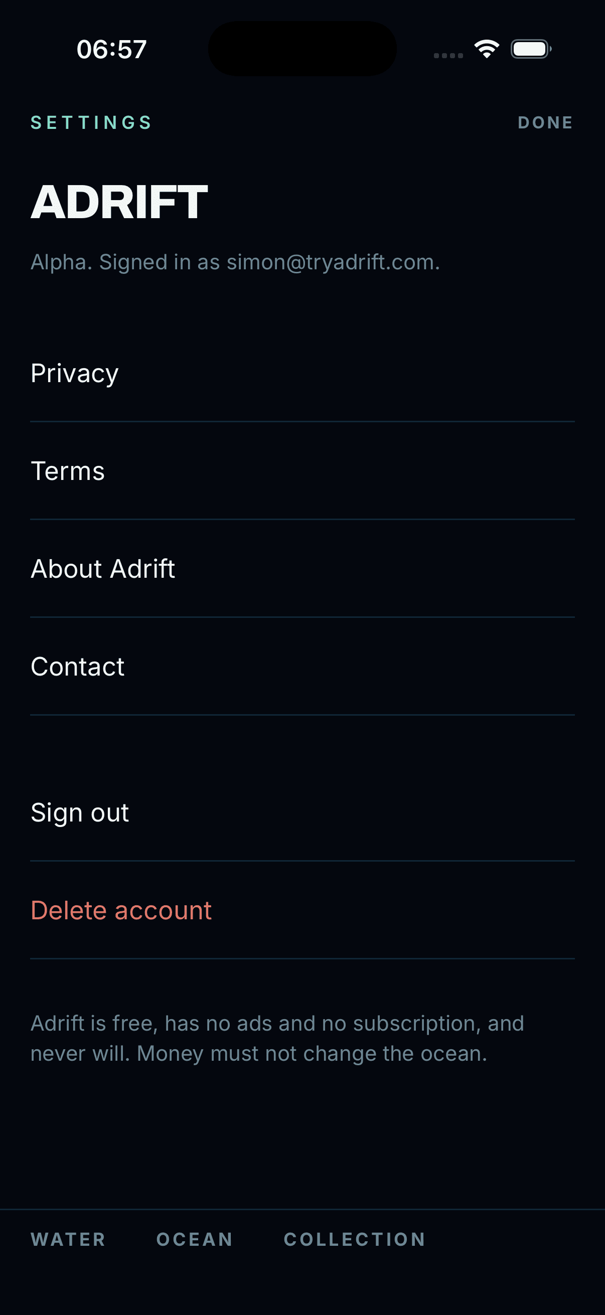 Settings listing no ads and no subscription, with account deletion offered directly.